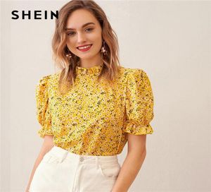 Shein Ditsy Floral Frill Boyun Puf Kılıf Üst ​​Anahtar Deliği Arka Bluz Kadınlar 2020 Yaz Zarif Ofis Leydi Üstler ve Bluzları CX2008203916272