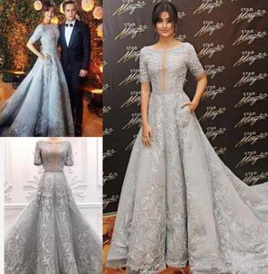 Luxury Zuhair Murad 2020 Evening Dresses Lace Applique Beads Sweep Train Silver A Line Prom Gowns Crystal Short Sleeve Party Forma4978960