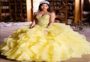 Elegance Organza ruffle Sweet 16 Quinceanera платья желтые с плеча.