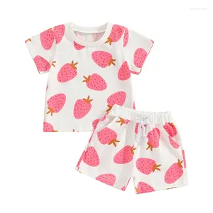 Roupas Conjuntos de roupas Pudcoco Infantas meninas 2 peças roupas de morango de morango Camiseta de manga curta e shorts elásticos conjuntos de verão