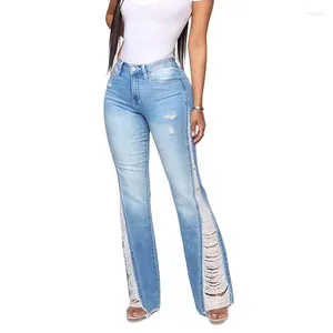Kvinnors jeans sträcker modeben sidhål flare byxor hög midja sexig fransar rippade ihåliga denim streetwear byxa byxa