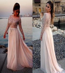 Elie Saab Designer Crystal Beaded Prom Dresses Sheer Bateau Neck Long Sleeves ALine Chapel Train Chiffon Evening Gowns Celebrity 4404982