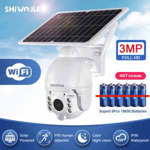 Kameror Shiwojia Solar Panel Camera WiFi Version PTZ 4X 3MP Outdoor Security Wireless Monitor Waterproof CCTV Smart Home Surveillance
