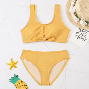 Set Knot Front Girl Swimsuit Kids Solid Solid Two Piece Swimwear 714 anos Ano Girl Bikini Set Girls Bathing Suit de maiô BIQUINI