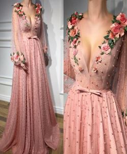 Dusty Pink Prom Dresses Long Deep V Neck Major Beading Sash Illusion Long Sleeves Evening Gowns Handmade Flowers Celebrity Party D5049531