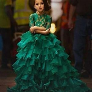 Dresses 2020 Girls Pageant Dresses Jewel Neck Emerald Green Lace Appliques Kids Tiered Ruffles Organza Flower Girls Dress Princess Birthda