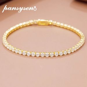 Bangles Pansysen 100% 925 STERLING Gümüş Simüle Miissanit Elmas Bilezikler Kadınlar İçin Sarı Beyaz Altın Renk Doğum Günü Takı Hediyesi