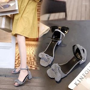 Dress Shoes High Heels Thick Heel One Word Sandals For Women Ladies Footwear Summer 2024 Bow Sandal Breathable Fashion Casual F H