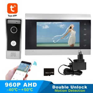 Dörrklockor tuya 7 tum trådlös wifi smart IP -videodörrtelefon Intercom System med 1x1200tvl 960p ahd trådbunden dörrklockkamera fjärrlåsning