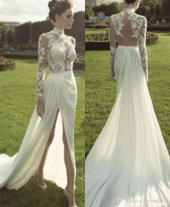 Kleider Haute Couture Chiffon Spitze Hochzeitskleid Langarm hocharmer Illusion Back Applique Court Zug Deep Split Garten Braut G.