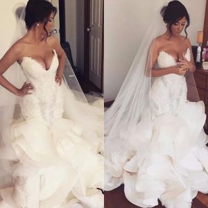 Dresses Hot Fashion Mermaid Wedding Dresses Sweetheart Heavy Bodice Organza Ruffles Plus Size Wedding Dress Bridal Gowns Pearls Beaded Lac