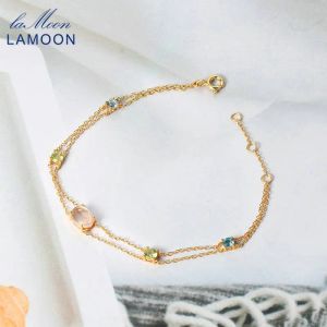 Bangles LAMOON 925 Silver Bracelet For Women Natural Rose Quartz Topaz Olivine 14K Gold Plated Fine Jewelry LMHI062