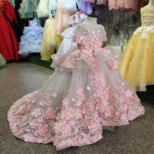 Vestidos de imagem real meninas de flores vestido de bebê roupas de renda 3d Apliques de miçangas de tule tule tule tule