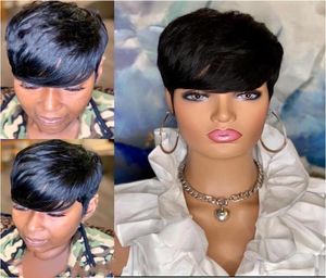 Pixie cięte krótkie ludzkie peruki włosy falowe o 180 gęstości Pełna koronkowa peruka z przednimi peruga Blue Black Color 100 Peruvian Remy Hair dla kobiet6307242