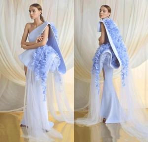 Azzi Osta Blue Evening Dresses Satin Lace 3D Floral Appliqued One Shoulder Gorgeous Prom Dress Sweep Train Girls Pageant Gowns4268148