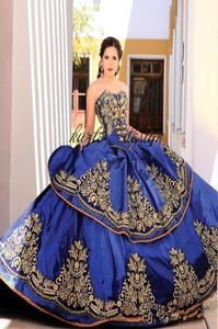 Royal Blue Gold Lace Ball Gown QuinCeanera Dresses Sweetheart broderi Applices Pärled Sweet 16 Dresses Sweep Train QuinCeanera6553991