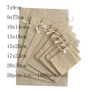 Other 50pcs/lot 7x9 9x12 10x14cm Jute Gift Bags Cotton Linen Jewelry Bags Drawstring Packaging Pouch Display Wedding Sack Burlap Bags