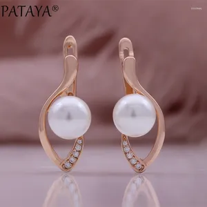 Dangle Earrings PATAYA 2024 Luxury 585 Rose Gold Color English For Women Unique Geometric Pearl Bridal Wedding Jewelry