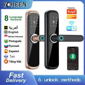 Lock Home Electronics Tuya Wifi Wireless Door Lock Biometric Fingerprint Handle Waterproof Smart Lock with Security Key Card Code