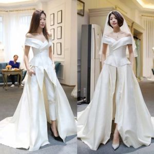Dresses Hot Sale Two Pieces Jumpsuits Wedding Dresses A Line Off The Shoulder With Pants Bridal Gowns Sweep Train Satin Overskirt Vestido