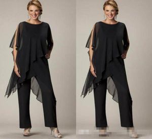 Newest Mother of the Bride Pant Sutis Black Chiffon Bateau Neck Asymmetrical Wrap Style Modest Mother039s Suit for Weddings Cus6062232