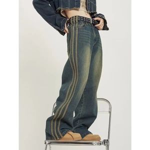 Американский стиль ретро -стирку для старого бокового полосатого мешковатые джинсы модные улицы Случайная микротрамная печенья готика 240323