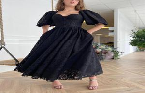 2021 Black Full Lace Evening Party Dresses With Half Puff Sleeves Heart Shape Neck Buttons Front Ankle Length Prom Gown8086980