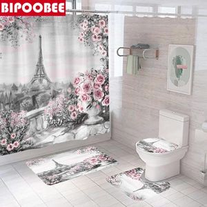 Shower Curtains Pink Rose Curtain Paris Eiffel Tower Bathroom Pedestal Rug Toilet Lid Cover Non-Slip Carpet Bath Mat Home Decor