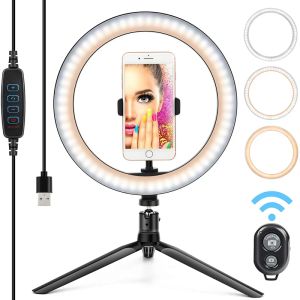 Monopods 10 '' Selfie Ring Light com suporte de celular do suporte do tripé, LED engane com 3 modos de luz para câmera do YouTube Video Tiktok