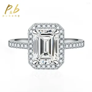 クラスターリングPabang Fine Jewelry 925 Sterling SilverEmerald Cut Created Moissanite Gemstone Engagement Ring for Women Gift Drop