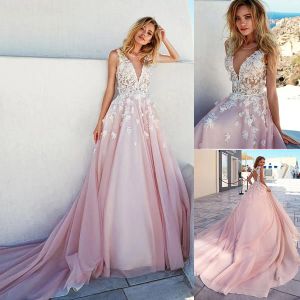 Klänningar romantiska tyll vneck halsringning aline prom klänningar med 3d pärlstav handgjorda blommor applikationer rosa brudklänningar vestido de noiva