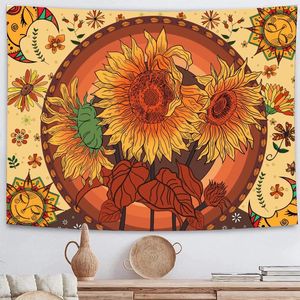 Tapestries Boho Sunflower Wall Tapestry Aesthetic Room Decor Sun And Moon Floral Polyester Mandala Art Carpet Bohemian Curtains