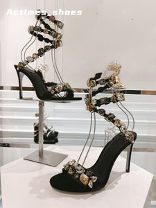 Designer Sandals Women High Heels Sandal Sandale Crystals Embellished Rhinestone Heels sandals 9.5cm 13cm Designers Ankle Wraparound Flower Evening shoes 34-41