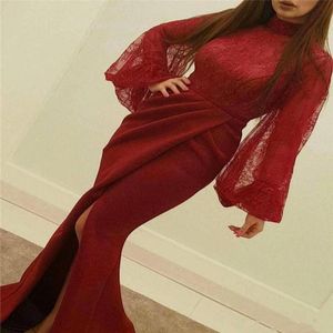Sexig avantgarde dubai prom klänning med illusion fladder burgundy vin amaranth röd klänning sexig sjöjungfrun ruch vacker aftonklänning1541062
