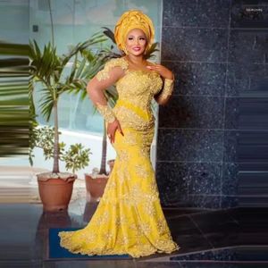Sukienki imprezowe vintage żółtą koronkę aso ebi sukienkę afrykańskie kobiety formalne bal maturalne długie rękawy plus rozmiar nigeryjskie sukienki ślubne na zamówienie