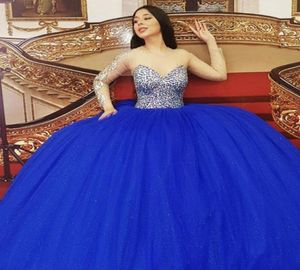 Królewskie niebieskie sukienki Quinceanera Suknia balowa z długim rękawem Sheer z koralikami gorset Słodka 16 urodzin impreza strój balowa sukienki Tiul8986521