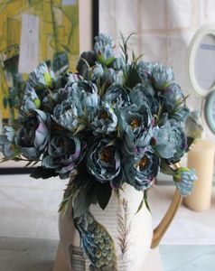 Sztuczny jedwabny mini -peony kwiat 1 bukiet 5 głowa sztuczne liść domowy domek w ogrodzie wystrój ślubny niebieski kość słoniowa róża 6492306