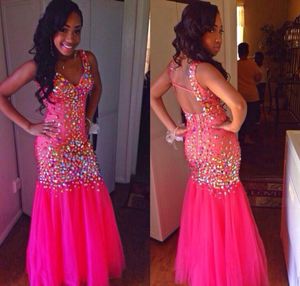 Pink Bling Crystal Mermaid Prom Dresses Sexy Backless Long Sweetheart Floor Length Nigerian Women Dress Formal Party Evening G9890149