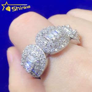 Сияющие украшения заморожены кольцо Moissanite Ring VVS Baguette Diamond 925 Серебряный хип -хоп кольца моды