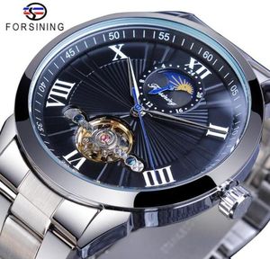 Forsining Classic Men Tourbillon Mechanical zegarek moda Black Moonphase Business Steel Band Automatyczny zegar Relij Hombre9136675