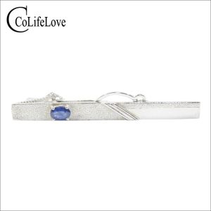 도구 Colife Jewelry Natural Sapphire Tie Clip 925 Daily Wear 4*6mm 사파이어 타이 클래식 실버 맨 보석을위한 실버 넥타이 클립