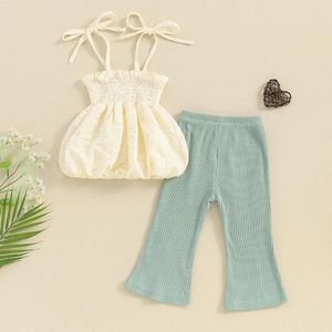 Kleidungssets Kleinkind Baby Mädchen Kleidung 2pcs ärmelloses gekräuselt Cami Top Smocked Rippes Flare Hosen Set Summer Outfit