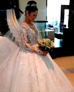 Vestidos Vestido de noiva de cristais de luxo 2022 Biços brilhantes Lace Manga longa Chapel Train Ball vestidos de noiva vestidos de noiva vestido de n