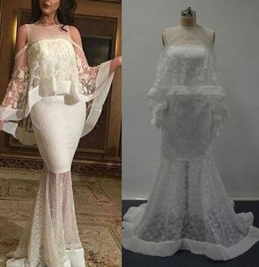 Real Images 2016 Sexy Mermaid Evening Dresses Appliqued Beaded Jewel Lace Cape Cloak Illusion BackSweep Length Formal Gowns3297324