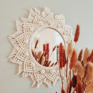 Round Macrame Decorative Wall Mirror Boho Home Decor Makeup Living Room Bedroom Christmas Wedding Decoration Gift 240320