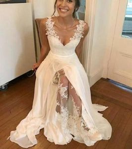Elegant White Lace Prom Dresses V Neck billig designer 2021 Spets unika kjol spets slitsar chiffong applikation kväll formella klänningar long2884678