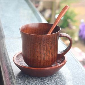 Cups Saucers Creative Wooden Coffee Cup With Saucer And Spoon Set Simple Household Milk Mug Office Teacups Restaurant Drinkware Accessories