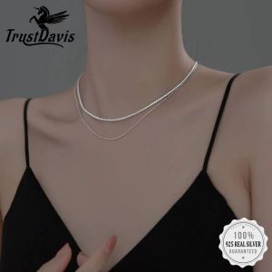 Necklaces TrustDavis Real 925 Sterling Silver 2022 Double Layer Sweet Dazzling CZ Choker Necklace For Women Wedding Fine Jewelry DG0043