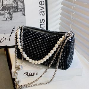 Shoulder Bags Women 2024 Luxury Rhinestones Purse And Handbags Female Shopper Fashion Solid Color Pearl Chain Barrel-Shaped