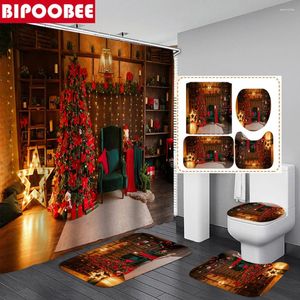 シャワーカーテンメリークリスマスバスルームカーテンセットホリデー装飾3Dファブリックバスマットフロアラグトイレカバーアンチスリップカーペット